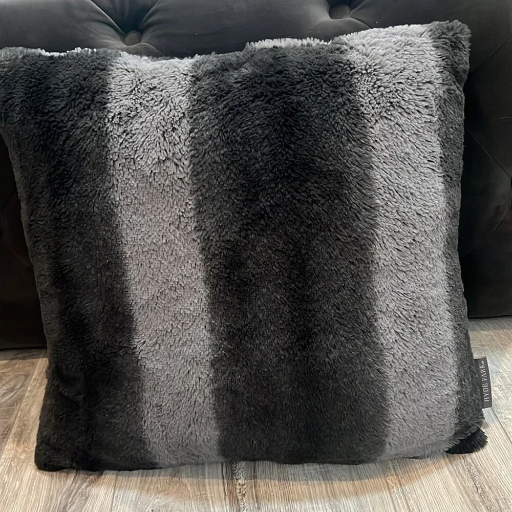 2 pillows grey striped furry fuzzy faux fur Hyde park pillows decor ombré